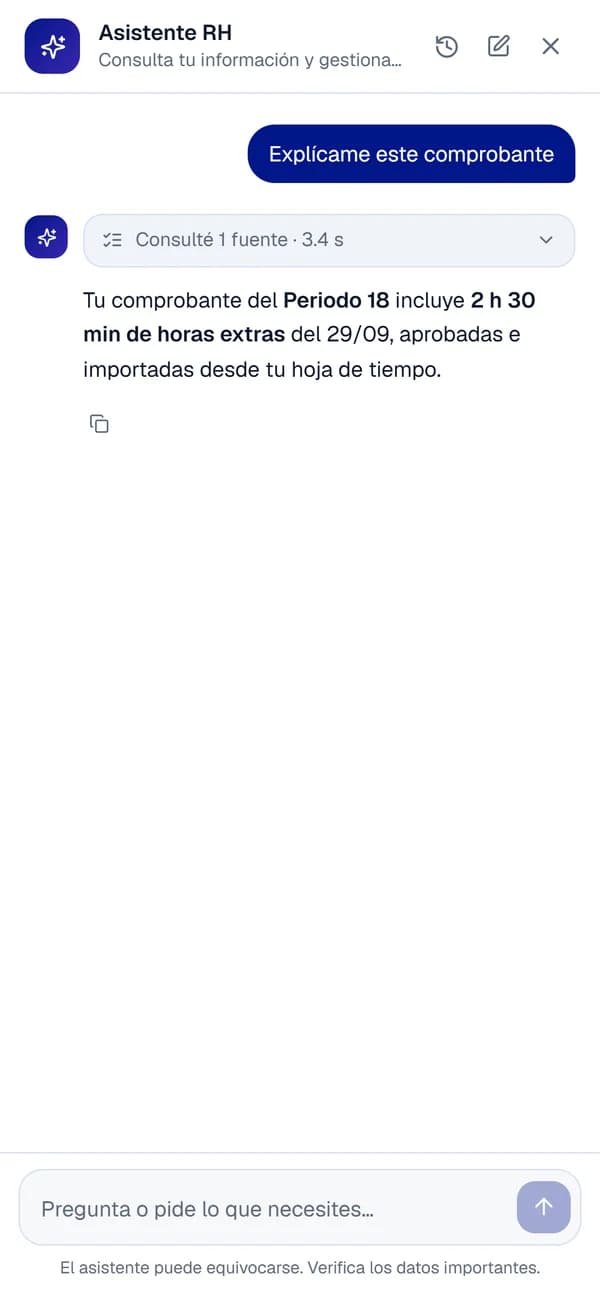 Asistente de IA del autoservicio respondiendo una consulta