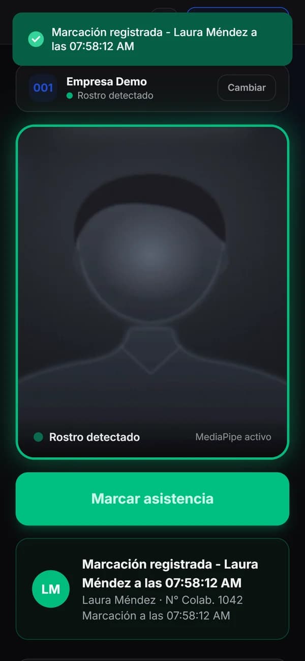 Marcación facial registrada desde el celular
