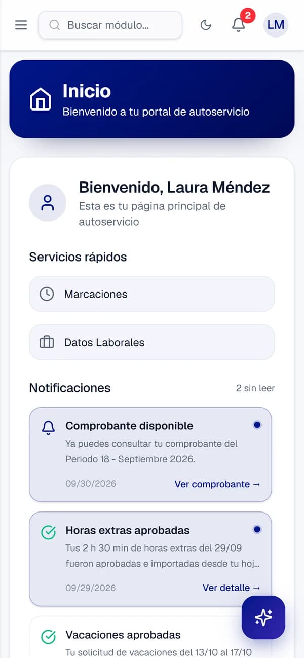 Inicio del autoservicio con accesos a marcaciones, solicitudes y notificaciones